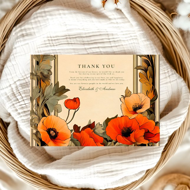 Decorative Floral Art Nouveau Poppy Wedding Thank You Card (Creator Uploaded)