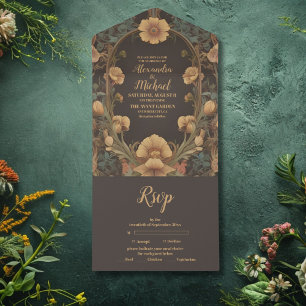 Decorative Floral Art Nouveau Wedding All In One Invitation