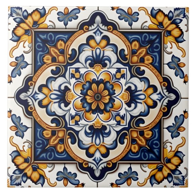 Decorative Floral Botanical Mediterranean Spanish Tile (Front)
