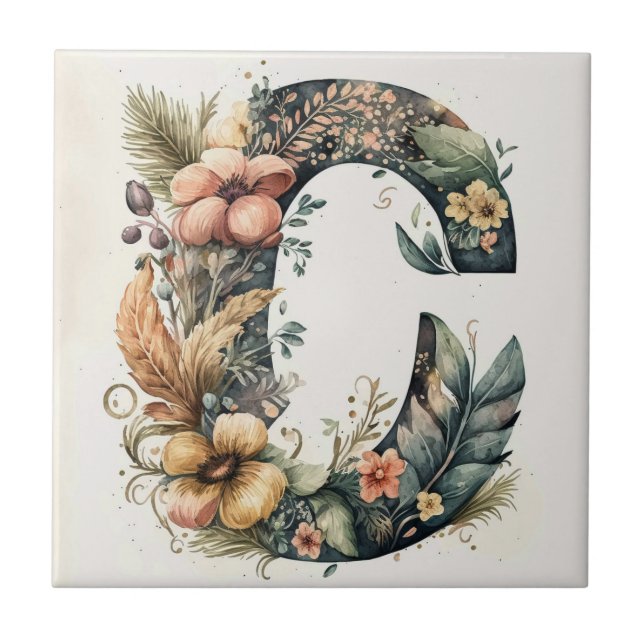 Decorative Floral C Letter Ceramic  Tile (Front)