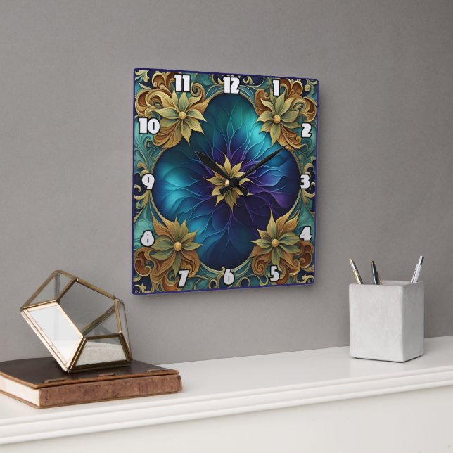 Decorative Floral Design With Turquoise Background Square Wall Clock (Office)