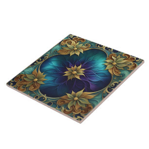 Decorative Floral Design With Turquoise Background Tile
