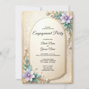 Decorative Floral Frame with Pearls Engagement Invitation
