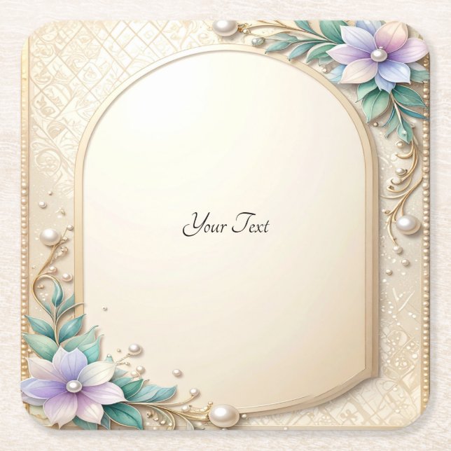Decorative Floral Frame with Pearls Paper Coaster (Front)