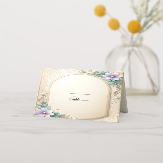 Decorative Floral Frame with Pearls Place Card (Front)
