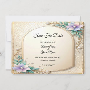 Decorative Floral Frame with Pearls Save The Date
