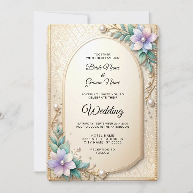 Decorative Floral Frame with Pearls Wedding Invitation (Front)