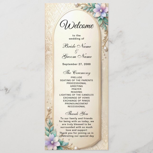Decorative Floral Frame with Pearls Wedding  Programme (Front)