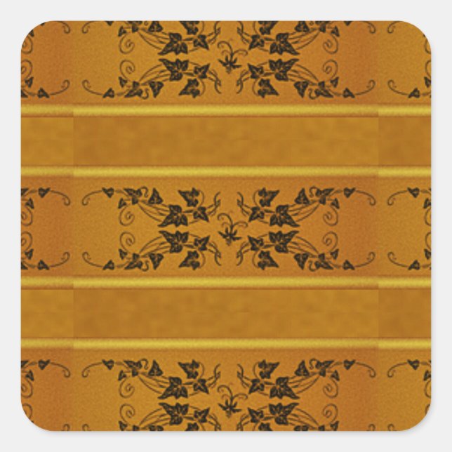 Decorative floral gold stripe border brown square sticker (Front)