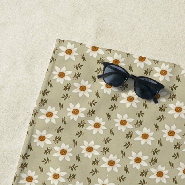 Decorative Floral in White and Beige  Beach Towel (In Situ)