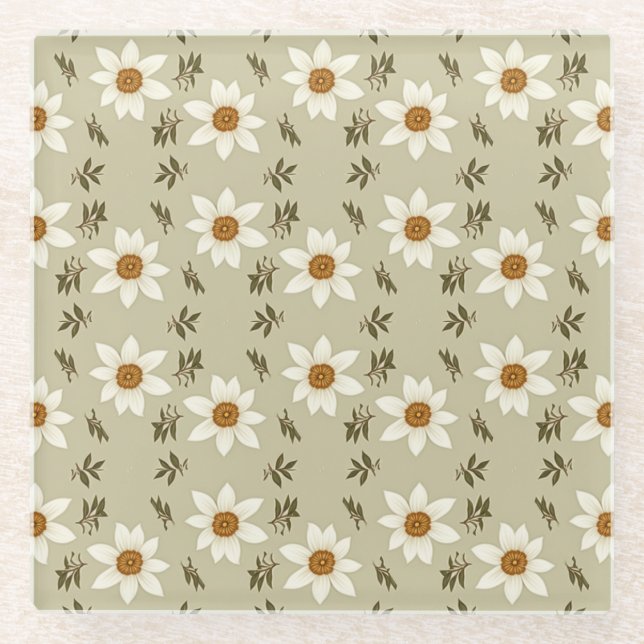 Decorative Floral in White and Beige Glass Coaster (Front)
