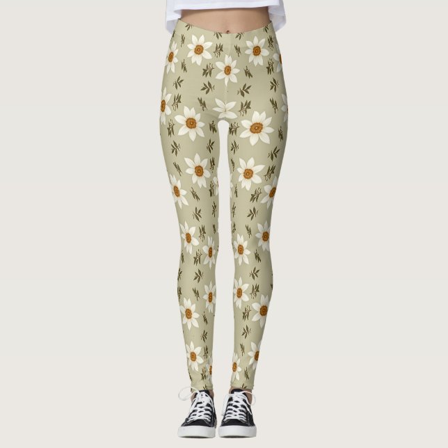 Decorative Floral in White and Beige Leggings (Front)