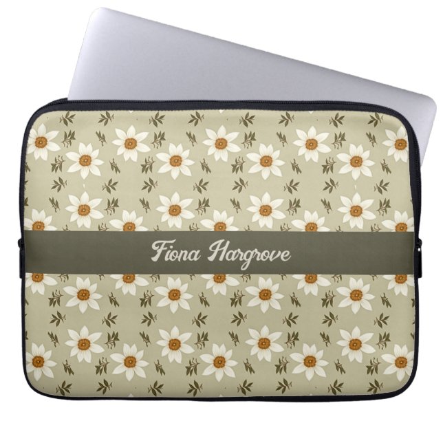 Decorative Floral in White and Beige Personalised Laptop Sleeve (Front)