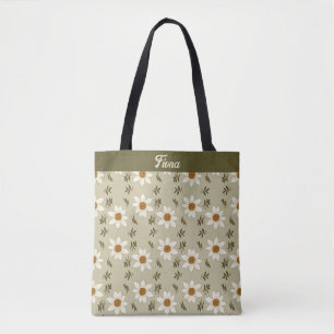 Decorative Floral in White and Beige Personalised Tote Bag