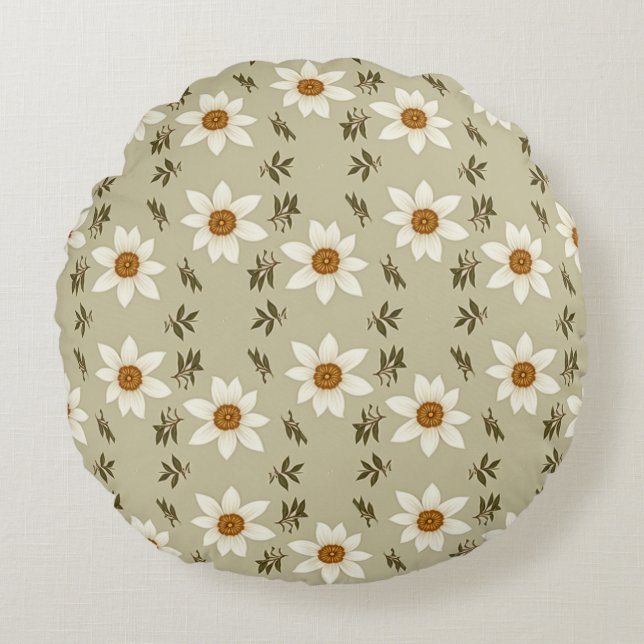 Decorative Floral in White and Beige Round Cushion (Front)
