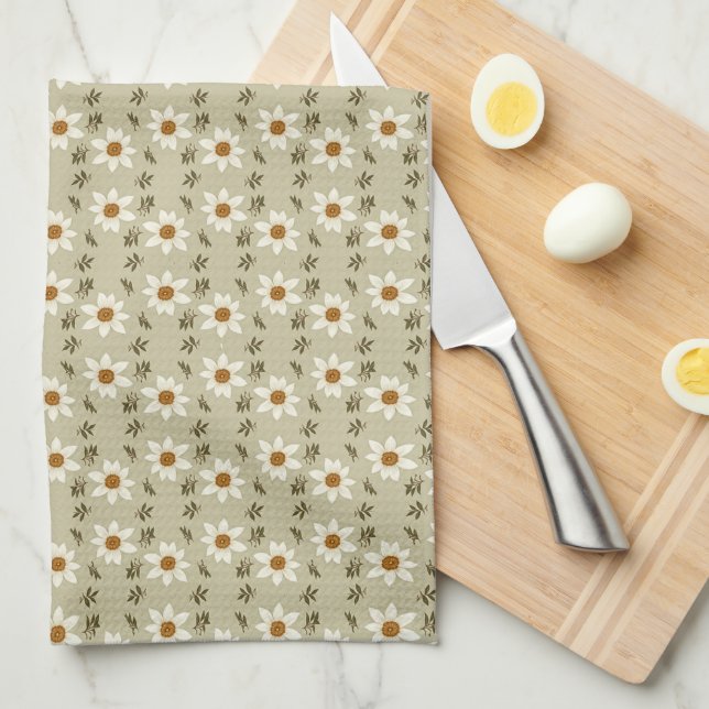 Decorative Floral in White and Beige Tea Towel (Quarter Fold)