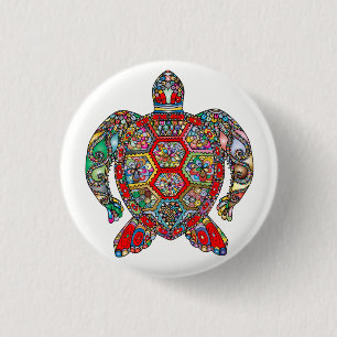 Decorative floral ornamental sea turtle line art 3 cm round badge