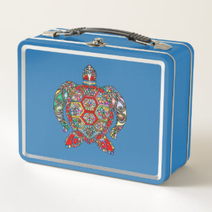 Decorative floral ornamental sea turtle line art metal lunch box