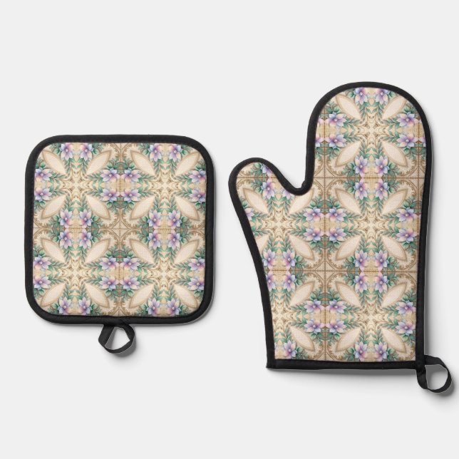 Decorative Floral Oven Mitt & Pot Holder Set (Front)