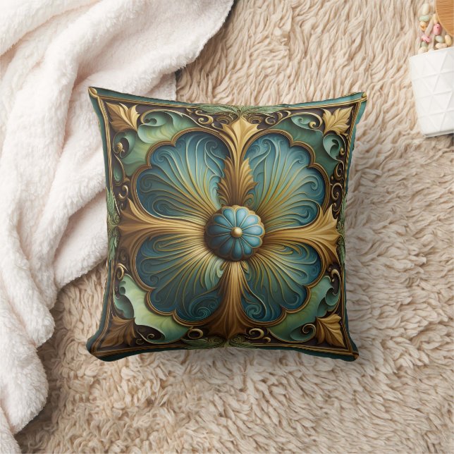 Decorative Floral Panel With Turquoise and Gold Cushion (Blanket)