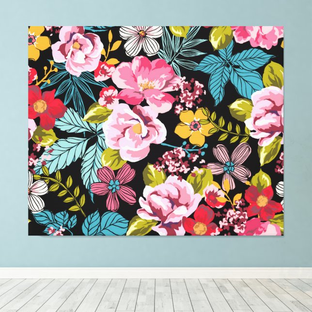 Decorative Floral Pattern Red Pink Yellow Blue     Canvas Print (Insitu(Wood Floor))