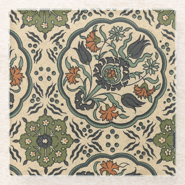Decorative Floral Persian Tile Design Glass Coaster (Front)