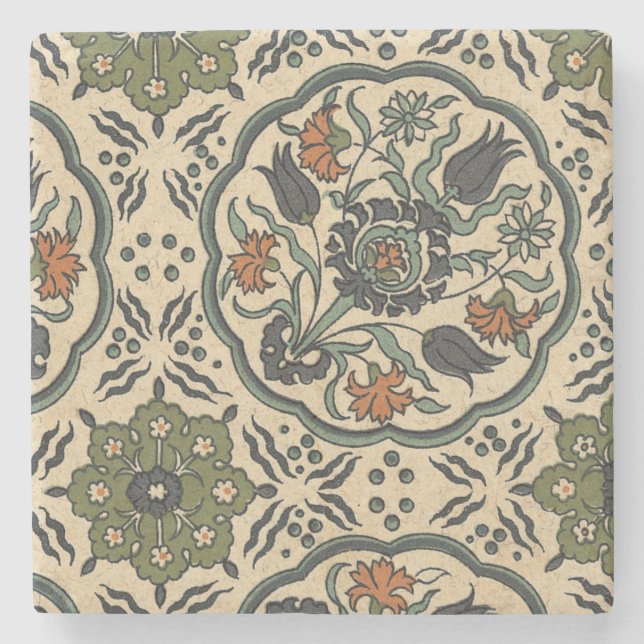 Decorative Floral Persian Tile Design Stone Coaster (Front)
