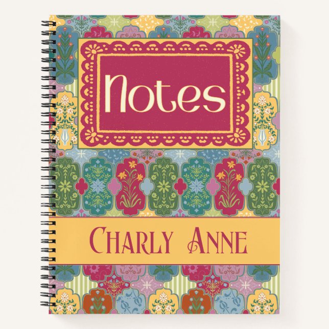 Decorative Floral Ticket Patchwork Folk Art Notebook (Front)