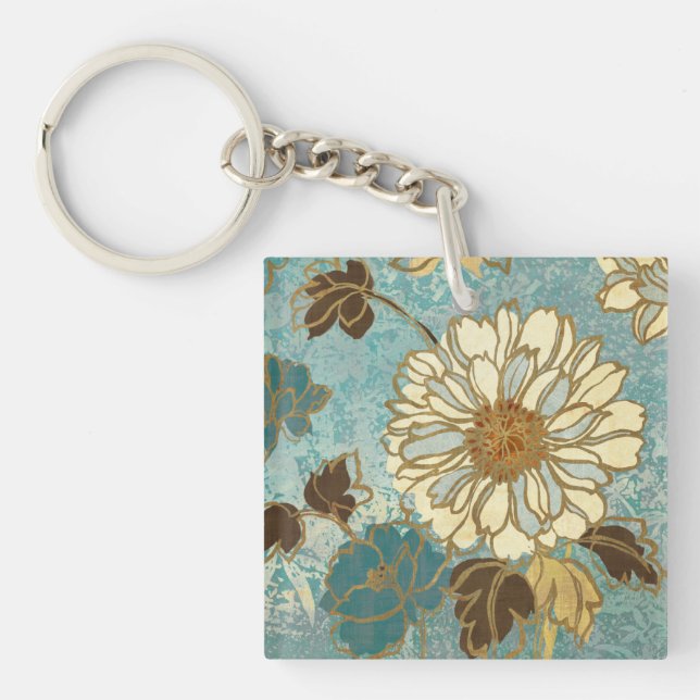 Decorative Florals in Blue and White Key Ring (Front)