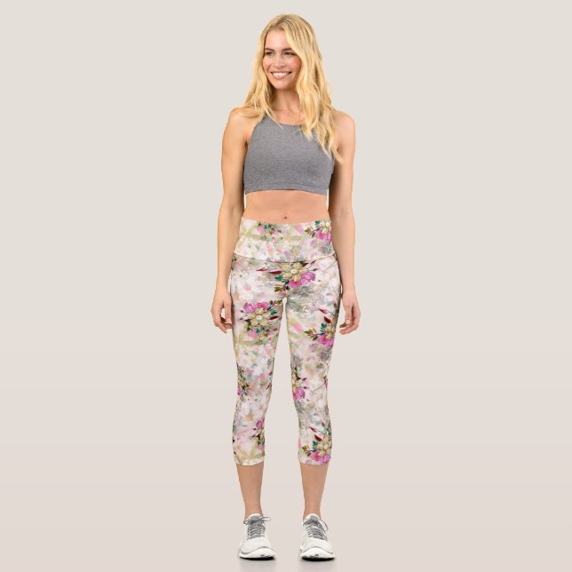 Decorative flower seamless with yellow pearl  capri leggings (Front)
