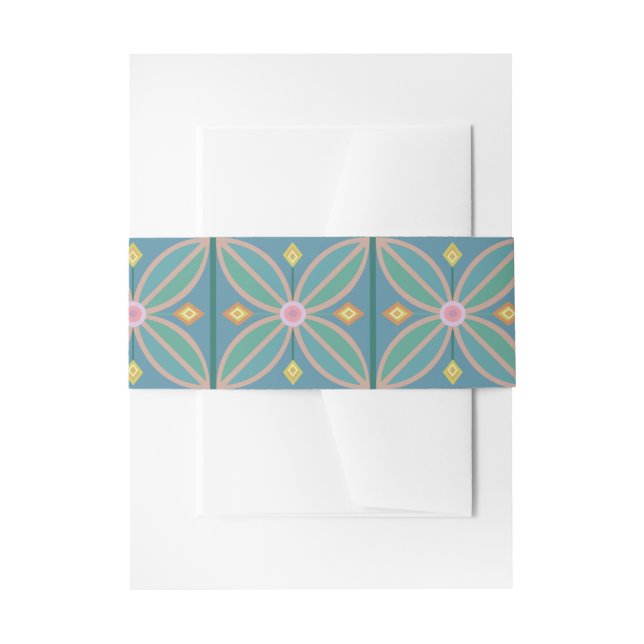 Decorative flower tile teal citrus pinks invitation belly band (Front Example)