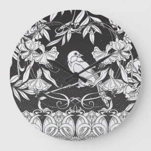 Decorative Flowers Bird Nouveau Poster Large Clock