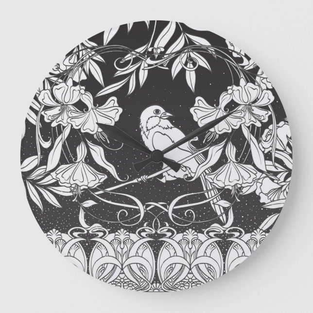 Decorative Flowers Bird Nouveau Poster Large Clock (Front)