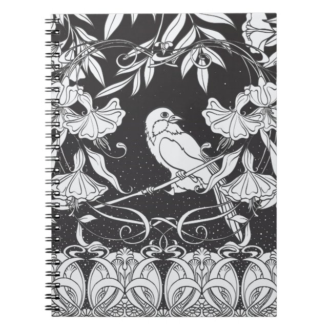 Decorative Flowers Bird Nouveau Poster Notebook (Front)