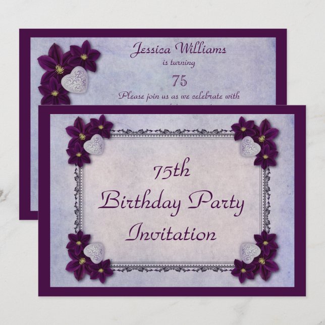 Decorative Flowers & Hearts Frame 75th birthday Invitation (Front/Back)