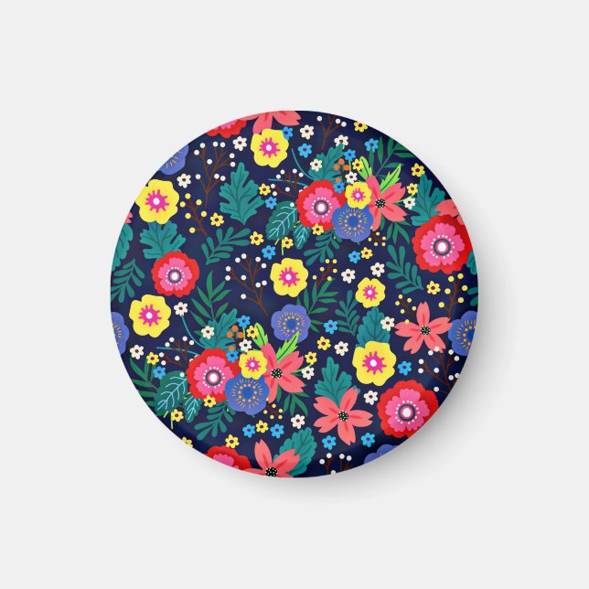 Decorative Flowers Leaves Black Background Magnet (Front)