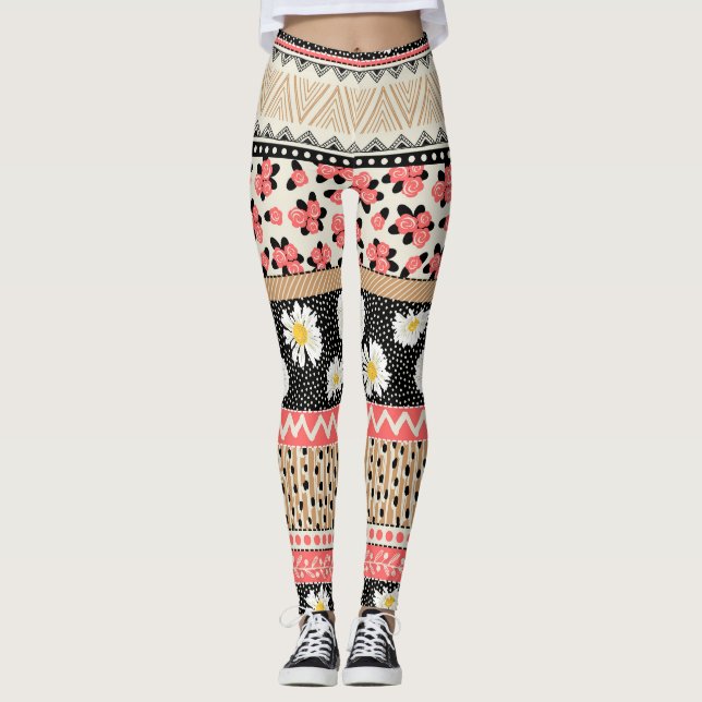 Decorative Flowers: Patchwork Tile Pattern Leggings (Front)
