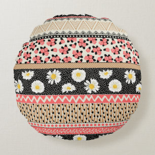 Decorative Flowers: Patchwork Tile Pattern Round Cushion
