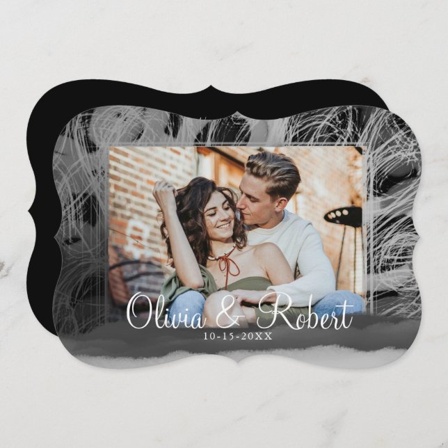 Decorative Frame Black and White Photo Wedding Invitation (Front/Back)