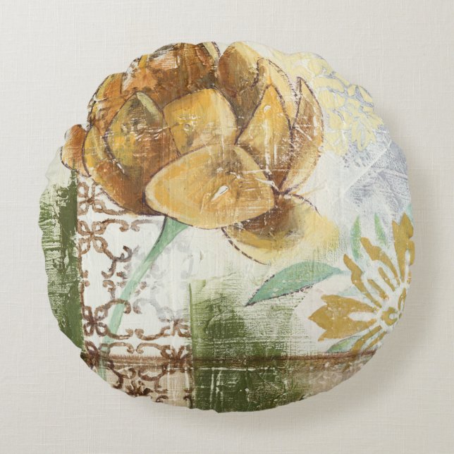 Decorative Fresco Design with Globe Flower Round Cushion (Front)