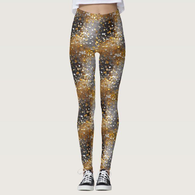 Decorative, Glitzy, Sparkly, Black, Gold, Leggings (Front)