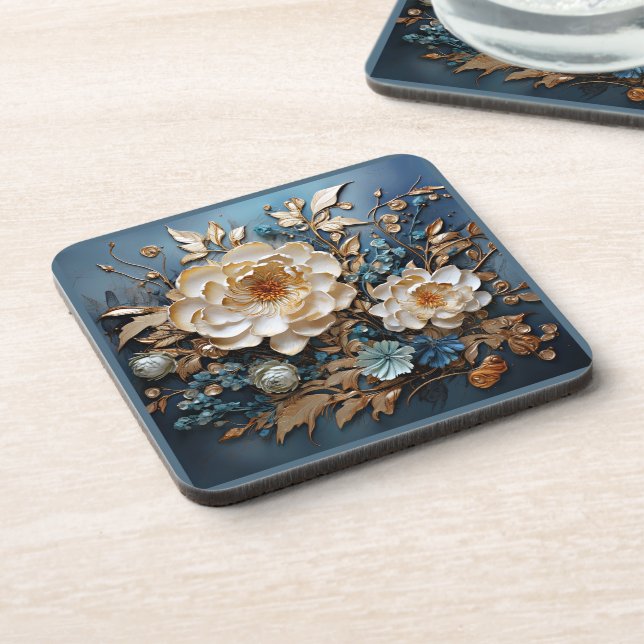 Decorative gold and teal blue floral design coaster (Left Side)