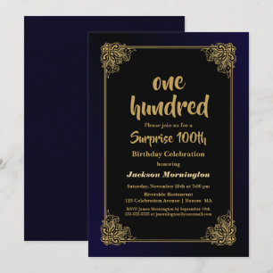 Decorative Gold Blue Surprise 100th Birthday Party Invitation