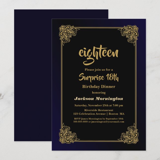 Decorative Gold Blue Surprise 18th Birthday Dinner Invitation (Front/Back)