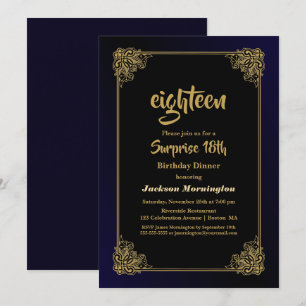 Decorative Gold Blue Surprise 18th Birthday Dinner Invitation