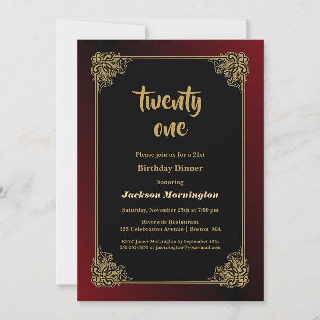 Decorative Gold Border 21st Birthday Dinner Party Invitation (Front)