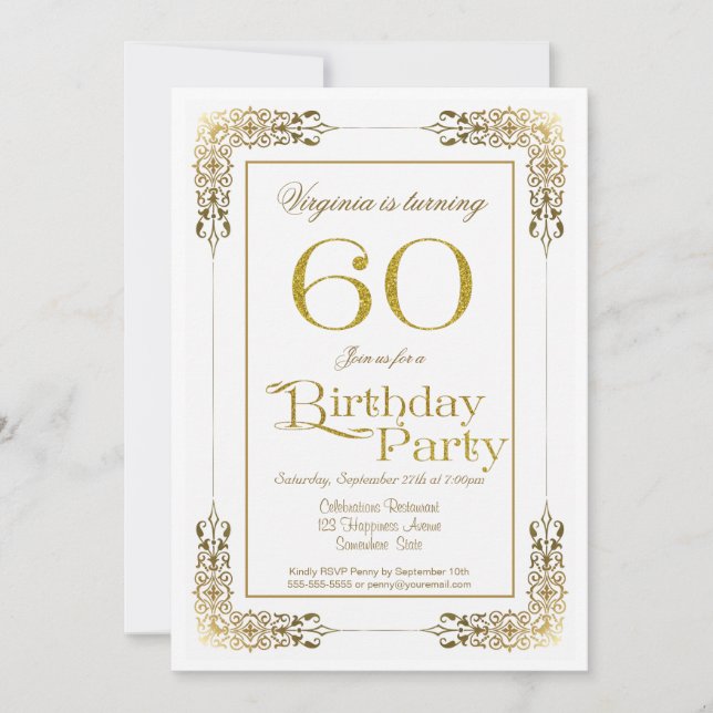 Decorative Gold Border 60th Birthday Party Invitation (Front)