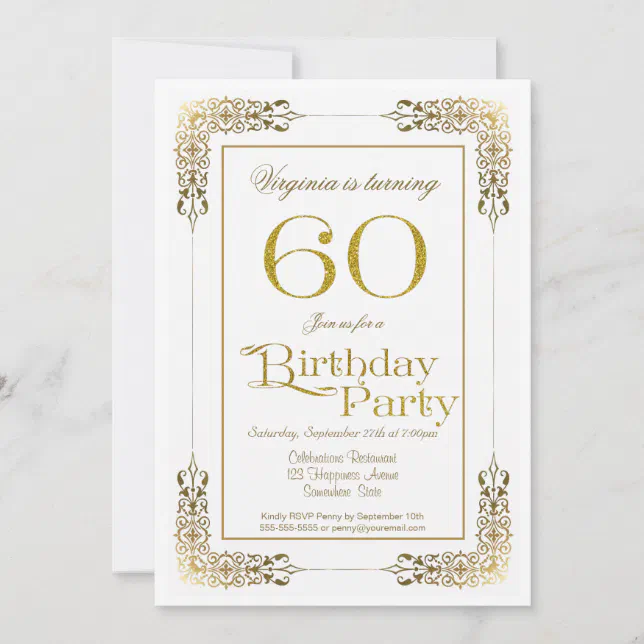 Border Design 60th Decorative Gold Border 60th Birthday Party Invitation | Zazzle