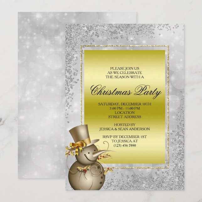 Decorative Gold Snowman & Glitter, Bokeh Christmas Invitation (Front/Back)