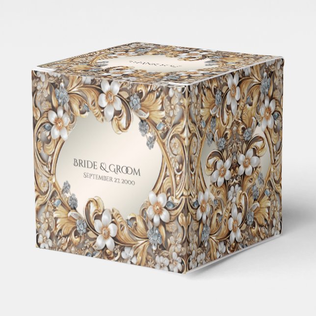 Decorative Gold White Floral Favour Box (Front Side)